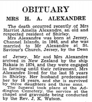1939 New Zealand obituary notice for Mrs Harriet Alexandre. She was born Harriet Amelia Le Mottee, in 1849, the daughter of Philippe and Henriette, nee Le Couteur, and married Henry, a carpenter, at St Saviour's Church in 1869, before they emigrated