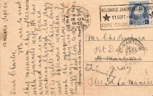 A postcard received by Charlie Perchard in 1926. He lived at Pot du Rocher, Trinity, not St Martin, as the card was wrongly addressed by his friend George