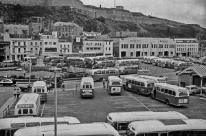 Buses crowd the Weighbridge during a strike in the 1970s