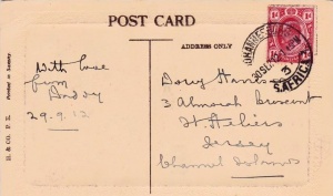 A postcard sent in 1912 to Dolly Harris by her father in South Africa