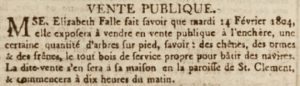 Elizabeth Falle advertised the sale of oaks, elms and ash trees at her St Clement home in1804
