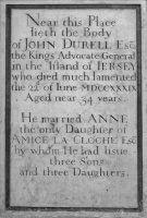 A memorial stone in Bath Abbey. This was Jean Durell, Solicitor-General from 1726 until his death. His father, also Jean, was Solicitor-General from 1701-1726