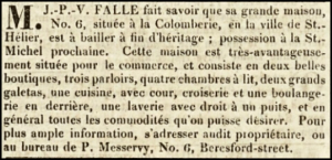 Jean Pierre Vernon Falle advertised 6 Colomberie for sale in 1830