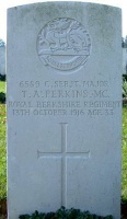 The grave of Great War casualty Thomas Alfred Perkins MC at Bulls Road Cemetery, Flers