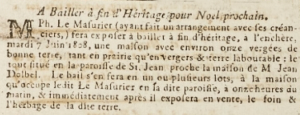 Having reached an arrangement with his creditors, Philippe Le Masurier advertised the sale of his St Mary house and 11 vergees of land near Jean Dolbel's property