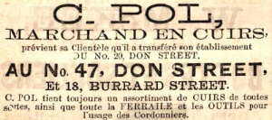 C Pol, leather merchant on the corner of Don Street and Burrard Street ...