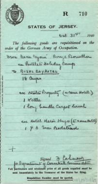 Requisition items from Portelet Holiday Camp were held at Beau Sejour (States property) before being moved to Rozel Bay Hotel