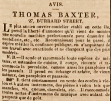Thomas Baxter, of Burrard Street was described as the island's oldest cutler in this 1850 advert in La Prairie