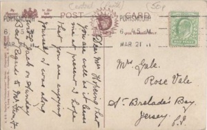 A postcard sent to Mrs Gale, at Rose Vale, St Brelade's Bay, in 1911. That year's census reveals that this was Ellen Gale, aged 47 at the time, and wife of Joseph, a fisherman. Joseph George, as he was baptised, was born in 1857, the son of another Joseph, and Esther de Ste Croix, and grandson of John Gale. He married Ellen Esther Huelin in St Saviour in 1889. Ellen was the daughter of Clement and Esther Huelin, also of St Brelade. Ellen and Joseph had no children.