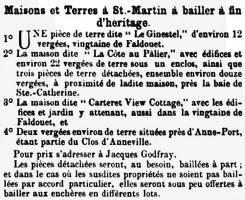 Properties for sale in 1866 advertised in the Chronique de Jersey, including Cote au Palier