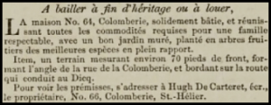 No 64 was advertised for sale in 1850 by Hugh de Carteret in Chronique de Jersey