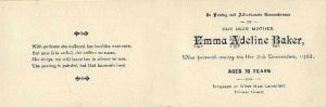 Funeral card for Horatio Baker's wife Emma Adeline, nee Thurnell