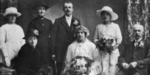 The wedding of Walter William Collins (1896-1972) and Florence Vibert (1895-1951), with Edward John Vibert, Ada Mary Le Quesne, Clara Vibert and Blanche Marguerite Vibert