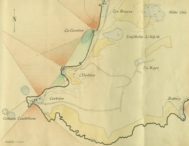 Hand-drawn map showing the positions of the defensive installations at Corbiere, La Moye, and, further up St Ouen's Bay, the resistance nests at L'Oeilliere, La Carriere and Les Brayes