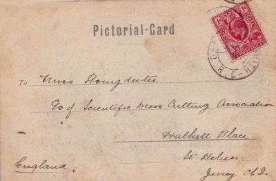 A postcard sent from South Africa to Miss Poingdestre, at the Scientific Dress Cutting Association, Halkett Place, early in the 20th century (see Family Businesses above).