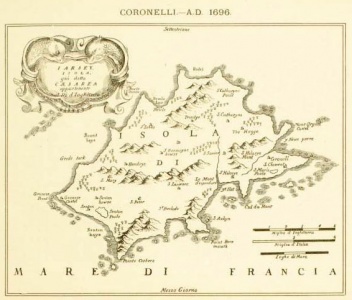 And a better quality copy published in Italy in 1696 by Franciscan monk Vincenzo Coronelli from Venice. Quite why he turned his attention away from his trademark globes and atlases to copy a map of Jersey published 59 years earlier is unknown