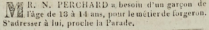 In 1824 N Perchard, who was in business as a blacksmith near the Parade, advertised in Chronique de Jersey for a boy of 13 or 14 to work for him
