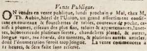 Thomas Aubin held a sale of cutlery at the Union Hotel, Royal Square, in 1809