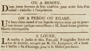 1795 Gazette de l'Ile de Jersey advert offering Mrs Poingdestre's house in Rue de Derriere (now King Street) to rent