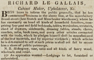 Cabinet maker and upholsterer Richard Le Gallais opened up in business in Broad Street in 1825