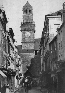 The clock tower was remarkably left standing after the Allied shelling of the town in the aftermath of D-Day