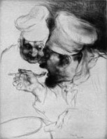 An iconic drypoint of two chefs