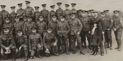 More 3rd (Town) Battalion members pose for the camera after receiving their YMCA send-off parcels in February 1915. They would leave for training in southern Ireland a few days later.