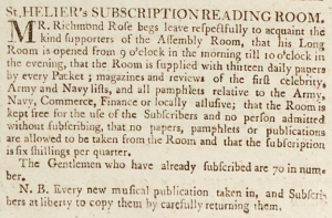Richmond Rose advertised his subscription reading room in ‘’Gazette de l’Ile de Jersey’’ in 1803
