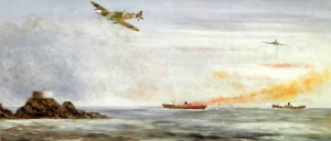 A painting of an allied attack on shipping off the coast at Noirmont