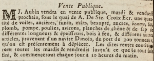 J Aubin advertised a large quantity of goods seized from a prize vessel in Gazette de l'Ile de Jersey in 1807
