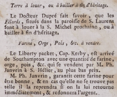 1876 advert advising the arrival of Capt Jean Kerby's 60-ton packet Liberty [1]- this was one of Jersey's first three newspaper adverts in Mathieu Alexandre's Gazette de l'Ile de Jersey