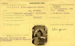Alien's Law registration card of Eileen Magdeleine Youinou, nee Dowinton. Although born in Jersey in 1906, she became a French national on her marriage to Pierre Marie Youinou at St Helier Registry Office in 1937, and was required to register as an alien (foreign national)
