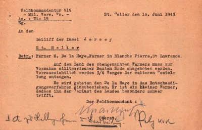 A memorandum from the Feldkommandant to the Bailiff recognising that because he was farming a smallholding M de La Haye, of Blanche Pierre, St Lawrence, could not afford the loss of his field