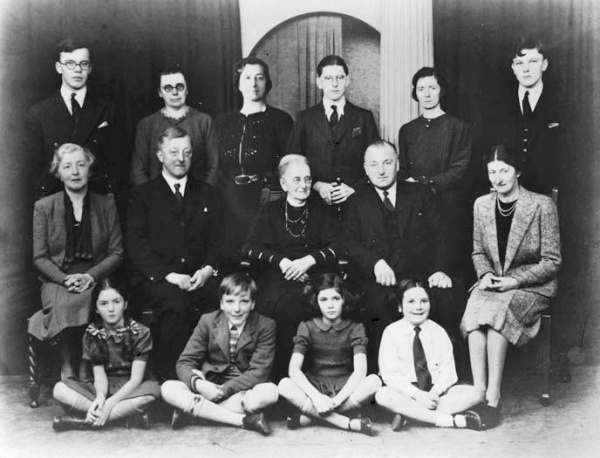Later generations of the family in 1939. Back Row: Leslie Philip; Florence,nee Pearce-Gould, wife of Charles Thomas; Florence; Charles Martin; Dulcie Lydia, wife of Frank Philip; John Godfray. Middle row: Winifred; Charles Thomas; Susanna Anne, widow of Charles John; Frank Philip; Dorothy. Front row: Nancy; Alfred Laurence; Jennifer Mary; Susan Mary