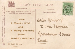 A Christmas greeting card from 1905 to Miss Gregory, of Grosvenor Street, St Helier