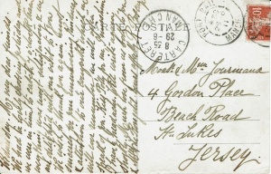 A postcard sent to Mr and Mrs Journeaux in Beach Road in 1911. The census of that year and church records enable us to identify them as John Philip Journeaux (1859- ) and his wife Mary Ann Elise, nee Renouf (1858- ) and trace John Philip's ancestry back through eight generations.