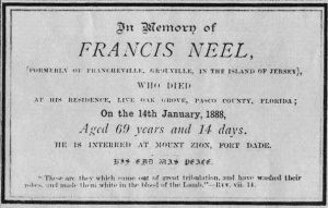 Notice of the death of Francis Neel in Florida in 1888