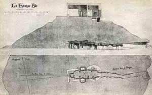 Drawings of a side section and plan of La Hougue Bie