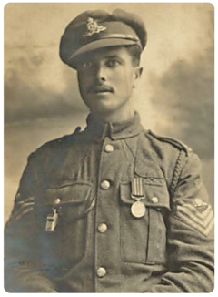 Sergeant Sidney William Mullins, MM, of the Royal Field Artillery, enlisted in 1909 and was serving in India when war broke out. He spent a year in France before being transferred to Salonica. The action which led to his award of the Military Medal was not disclosed when he was honoured at the Town Hall in November 1918. He was born in Grouville in 1893.