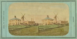 A tinted stereo pair showing the windmill at Bel Royal in Victorian times