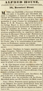 Thomas La Cloche's school, advertised in Chronique de Jersey in 1840