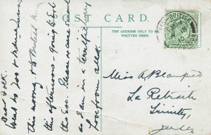 A card for Miss A Blampied, at La Retraite, Trinity, in 1918. This was Aline, born in the parish in 1879, and still single and living with her mother Amelia at the time of the 1911 census