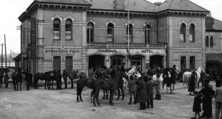 The hunt in front of the former St Aubin railway terminus