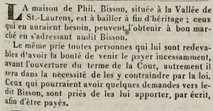 In 1824 Philippe Bisson advertised his house in St Lawrence Valley for sale in Chronique de Jersey