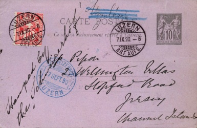 A postcard, sent to Miss Pipon in Stopford Road in 1890, posted from the Schweizerhof Hotel in Luzern. This predates by some five years the first postcard sent from Jersey. An 1886 street directory shows Miss Pipon living at 2 Wellington Villas, Stopford Road, and the 1881 census confirms that she was Jane Pipon, born in 1818