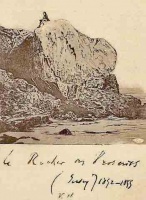 A picture of Victor Hugo, which he signed, on his favourite rock at Havre des Pas, which he named Rocher des Proscrits
