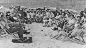 Members of the Gottrel, Le Saux and Battam families on the beach in 1948