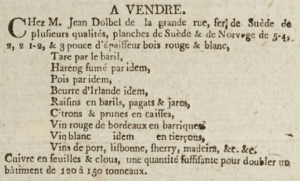 Jean Dolbel, grocer and wine dealer in Grande Rue (now Broad Street) advertised in Gazette de l'Ile de Jersey in 1803