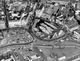A 1984 Jersey Evening Post aerial view of the Weighbridge, showing the whole area given over to buses, parking and a container park