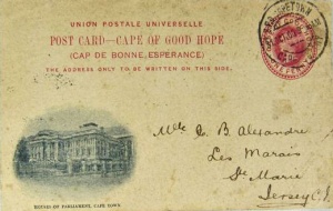 ... and one sent to Miss E B Alexandre in St Mary from the Cape of Good Hope in 1900. This was Elsie Blanche Alexandre, born in 1879, the daughter of William and Elise Esther, nee Touzel]
